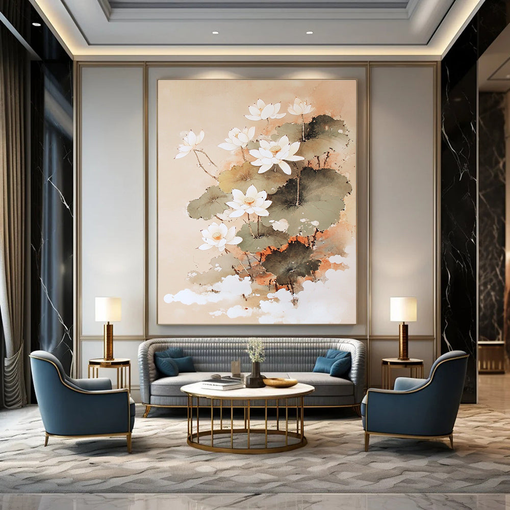Traditional Lotus Flowers Elegant Floral Abstract Painting GAB0271