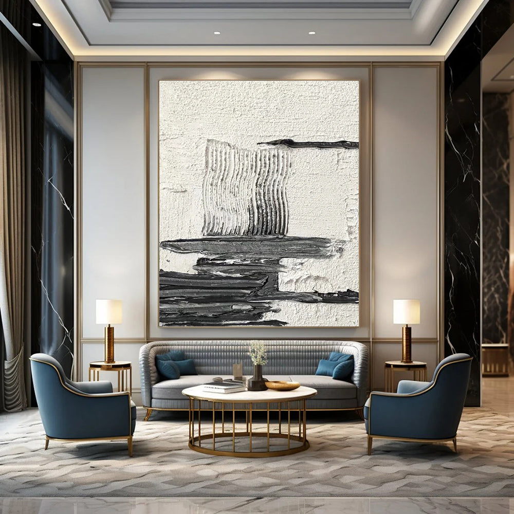 Black - White Textured Abstract Composition Painting for Minimalist Studies HENG388
