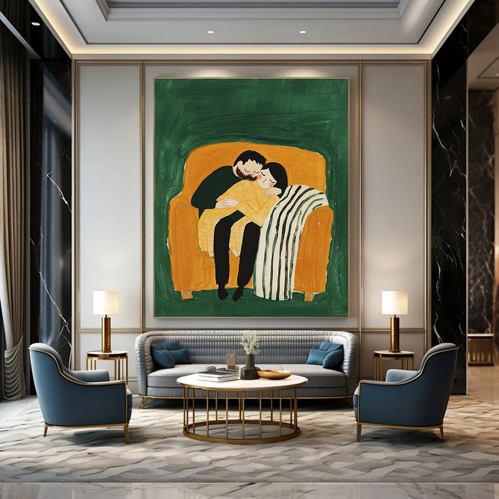Cuddling Couple on Sofa Abstract Painting of Warm Intimacy GAB0192
