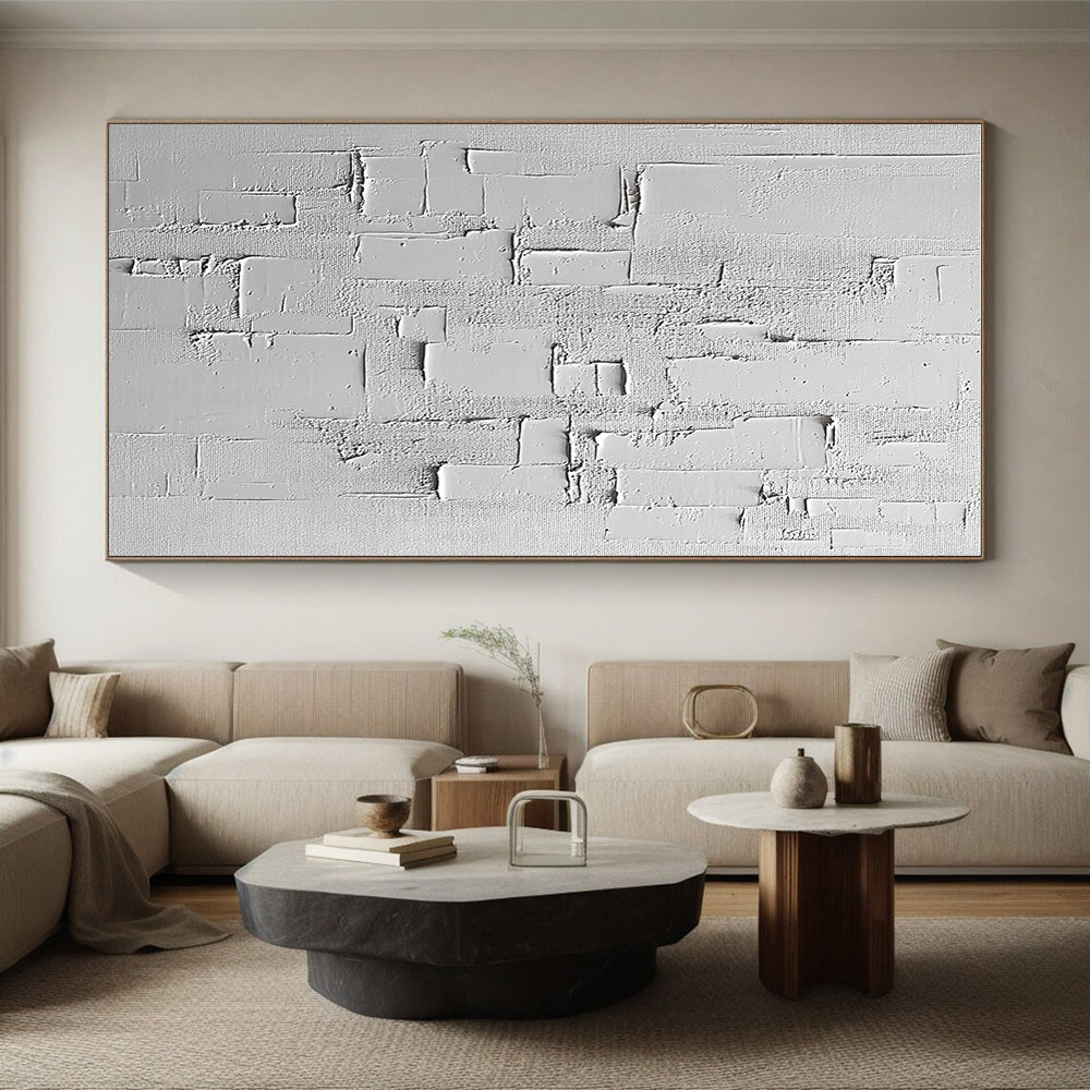 White Textured Rectangular Assemblage Painting with Minimalist Depth WINK063
