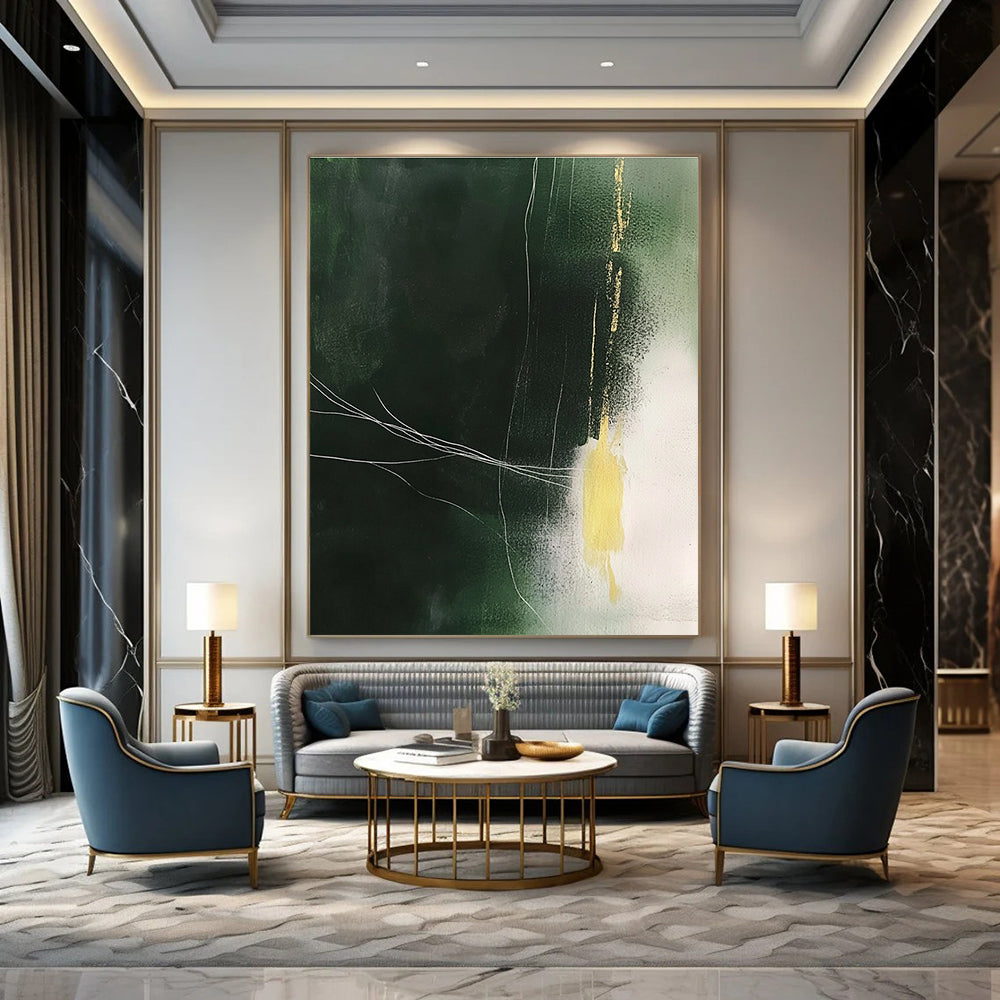 Dark Green with Gold and White Abstract Painting of Subtle Luxury GAB0182