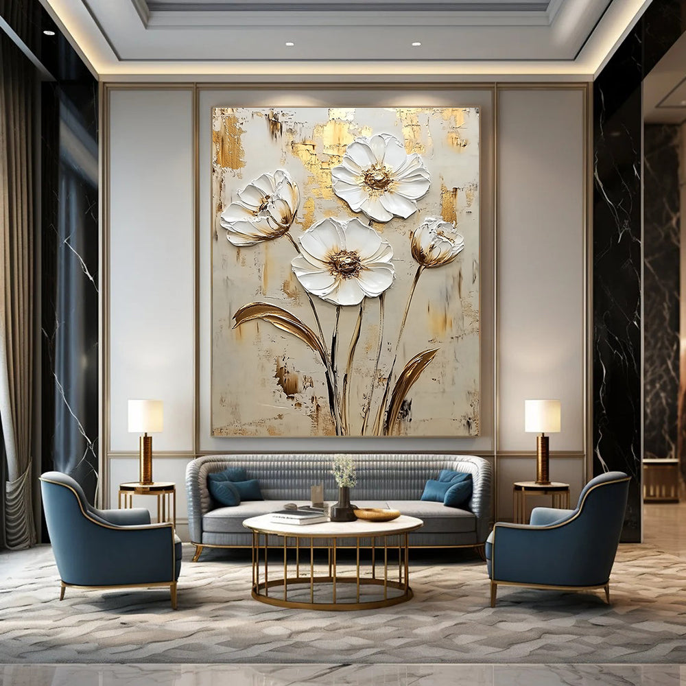Gold and White Flowers Abstract Painting for Romantic - Themed Weddings GAB0998