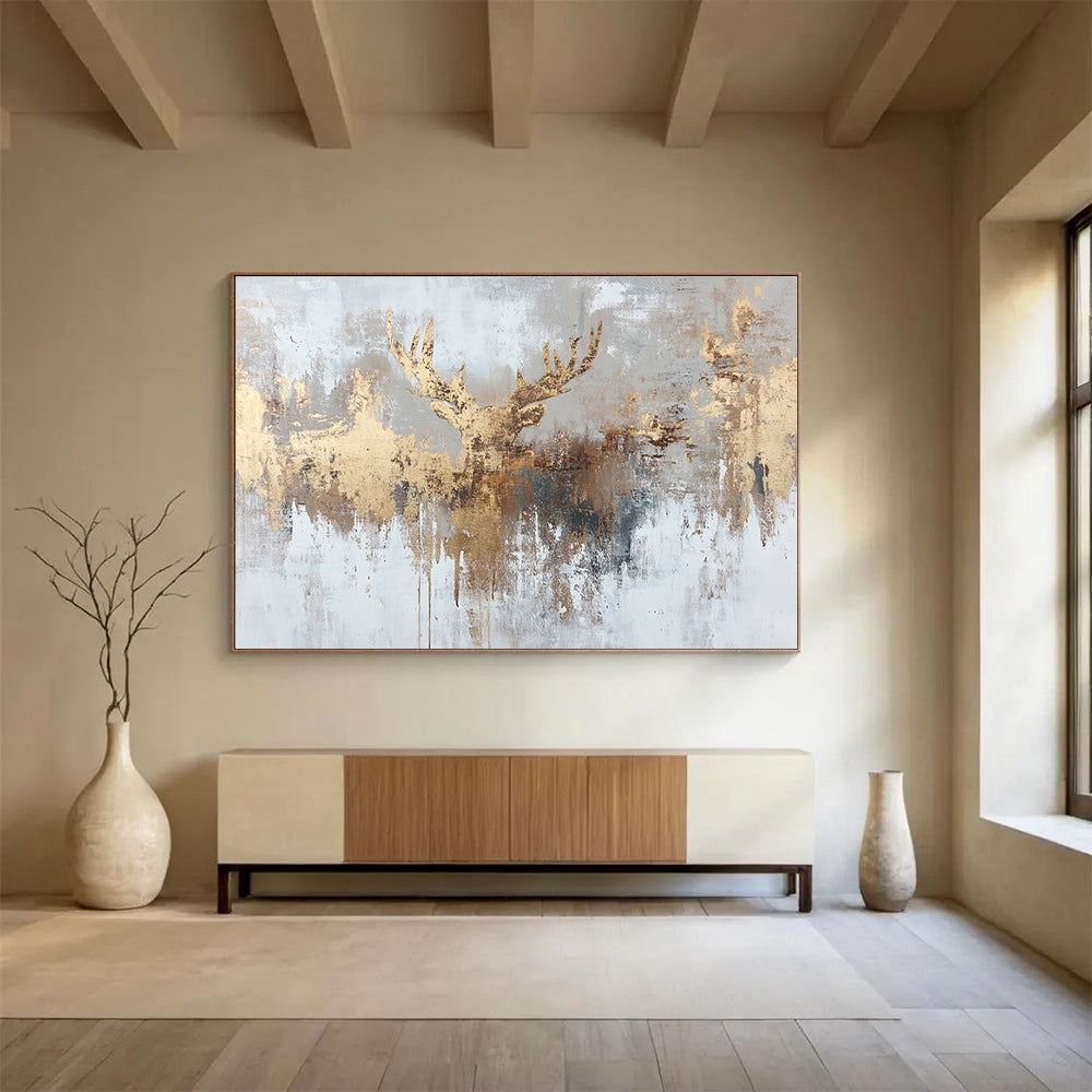 Golden Deer Motif Abstract Painting on Gray Background ABS393