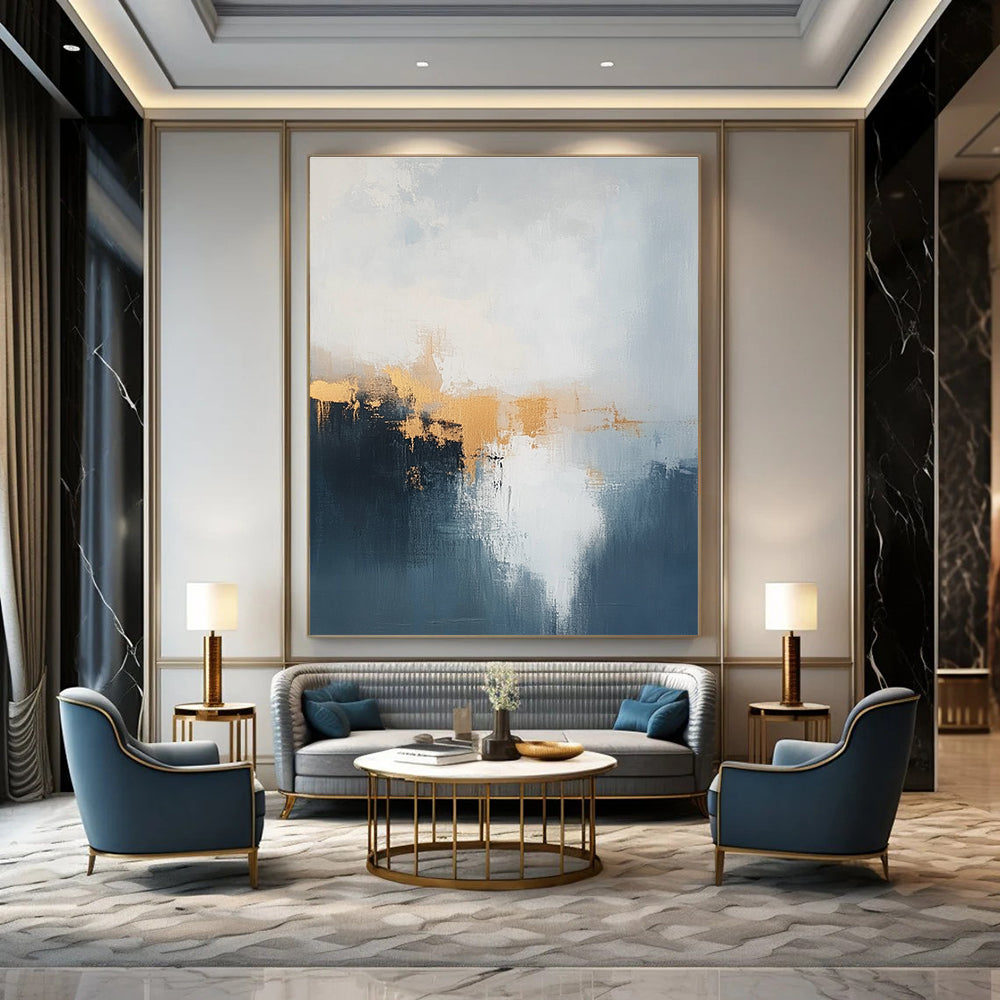 Blue and Gold Abstract Mist Painting for Coastal Hotel Lobbies GAB1189