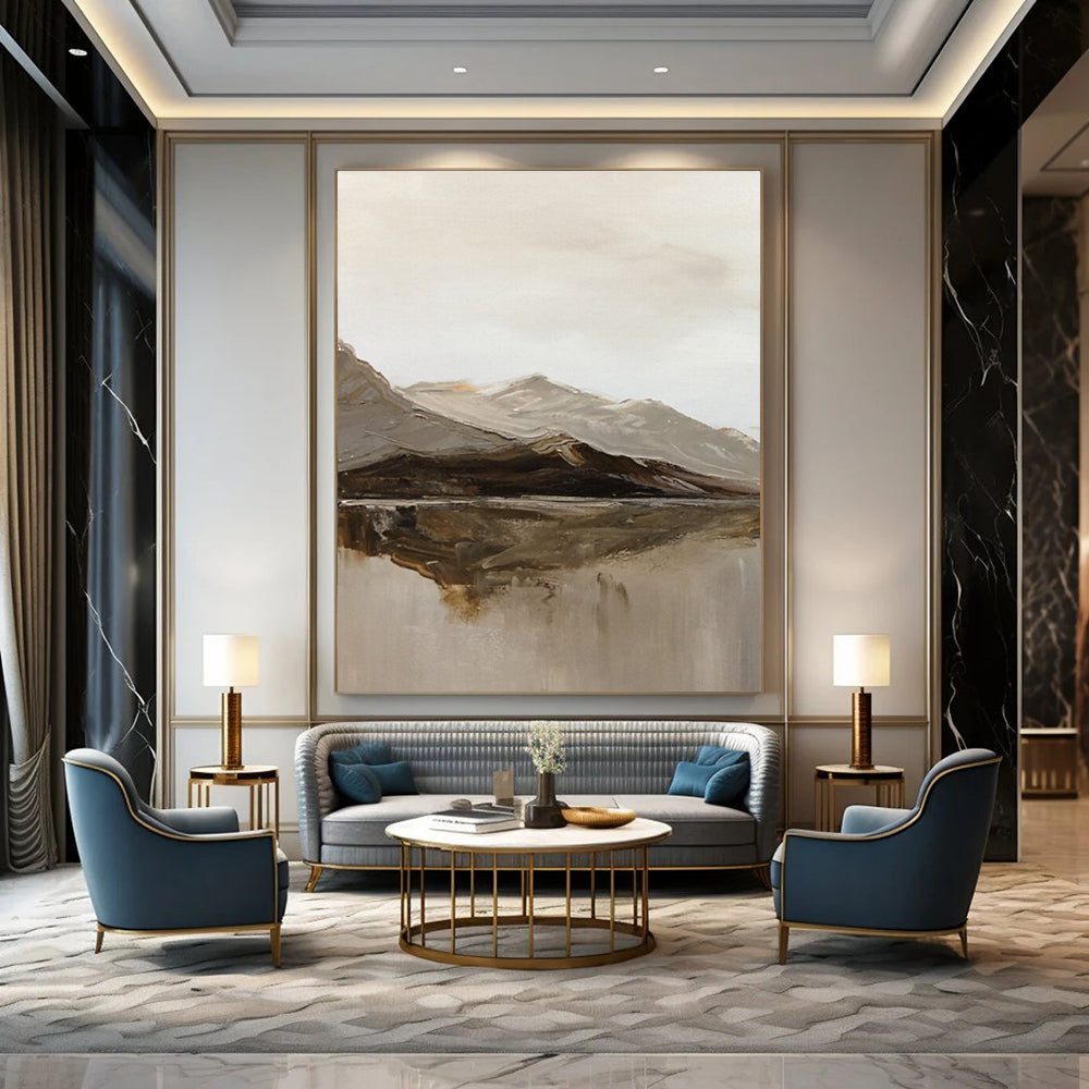 Minimalist Mountain and Lake Landscape Abstract Painting for Nature - Lover Bedrooms HENG358