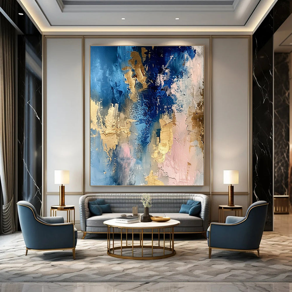 Blue - Gold - Pink Abstract Fusion Painting for Art Deco Living Spaces HENG072