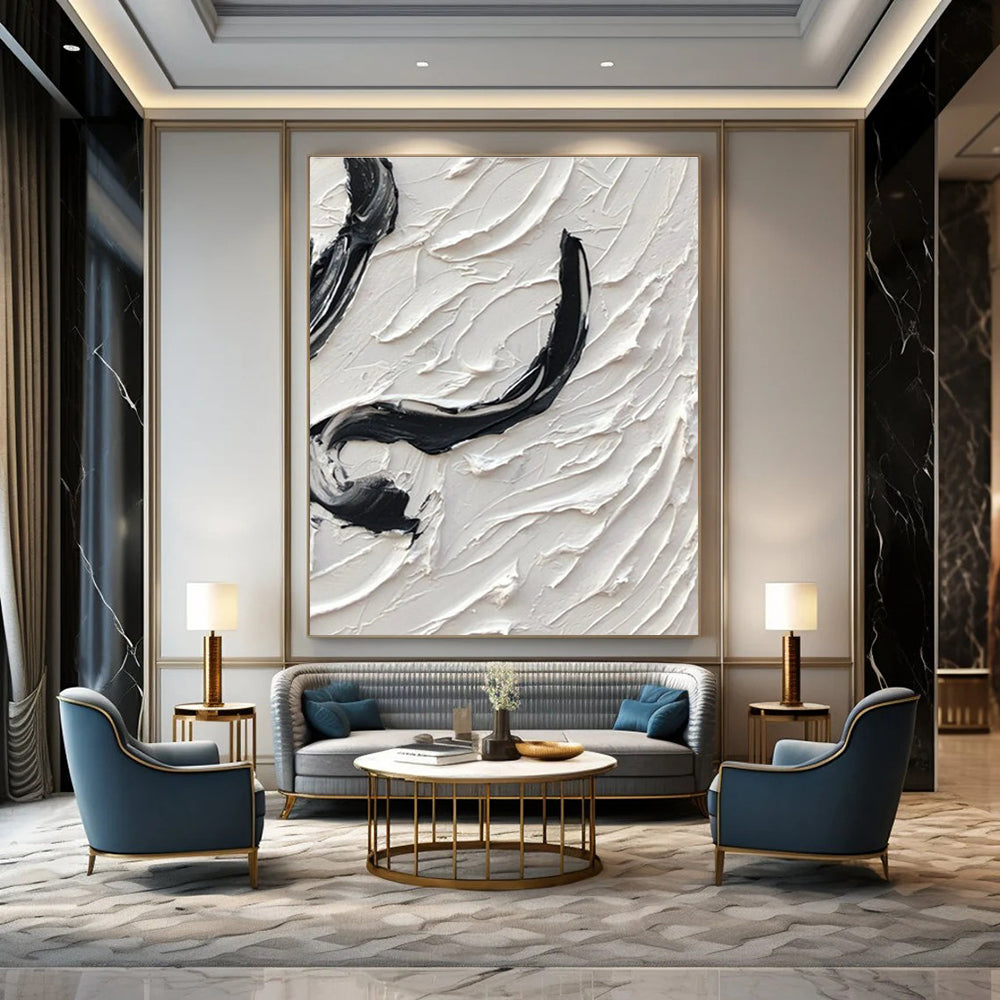 Black - White Textured Swirl Abstract Painting for Modern Living Spaces HENG400
