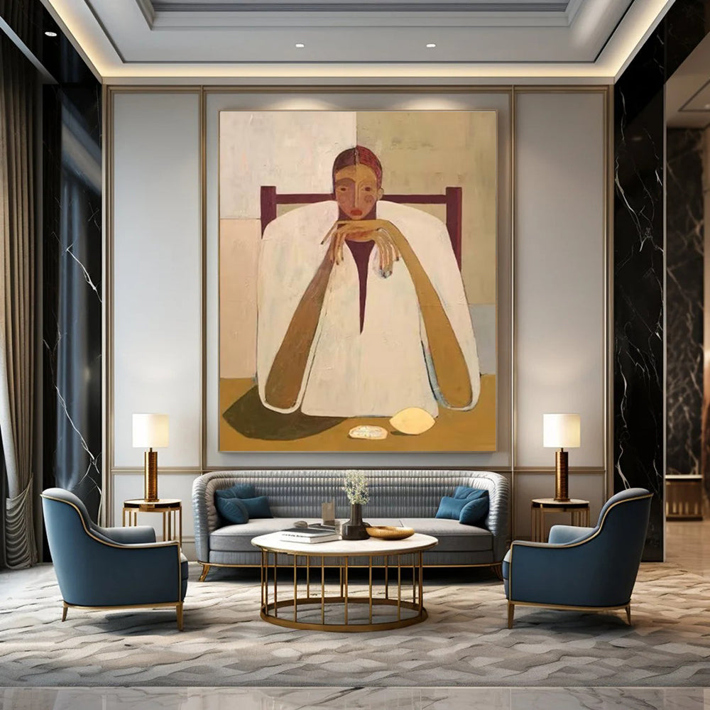 Seated Figure in White Cloak Abstract Painting for Contemplative Spaces HENG142