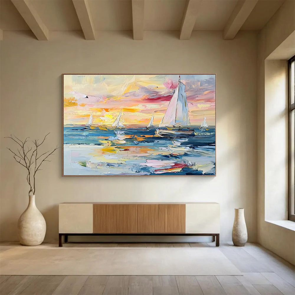 Sailboats at Colorful Sunset Abstract Painting with Vibrant Dusk Hues ABS603