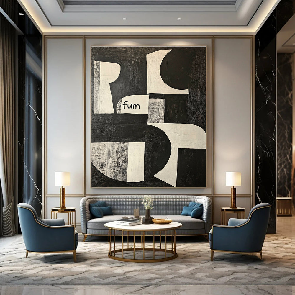 Black and White Shapes with “fum” Conceptual Graphic Abstract Painting GAB0275