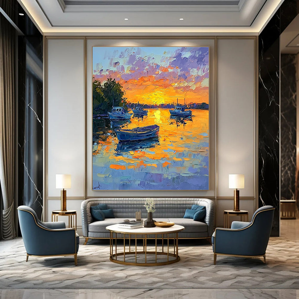 Sunset Boats on the Lake Impressionistic Abstract Painting for Relaxing Spaces GAB1434