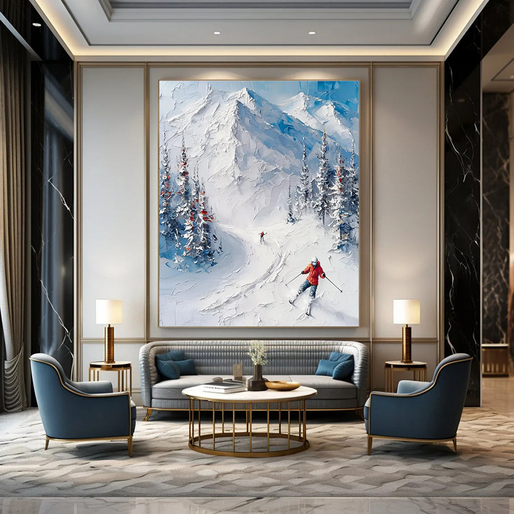 Textured Ski Mountain Scene Painting for Alpine - Inspired Interiors HENG313