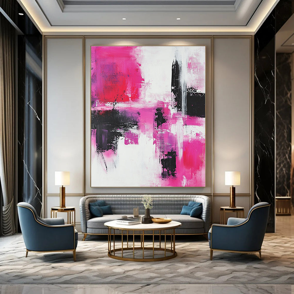 Bold Pink and Black Abstract Painting for Vibrant Interiors GAB0672