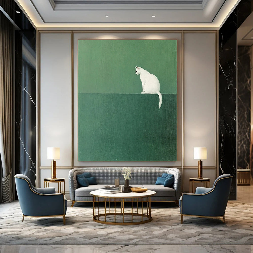 White Cat on Green - Minimalist Animal Art GAB0405