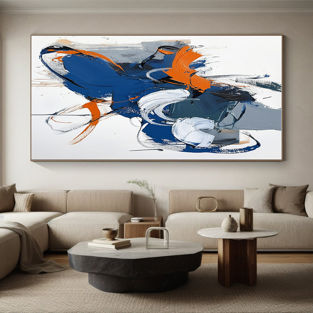 Blue Orange White Abstract Painting with Playful Brushstrokes WINK595