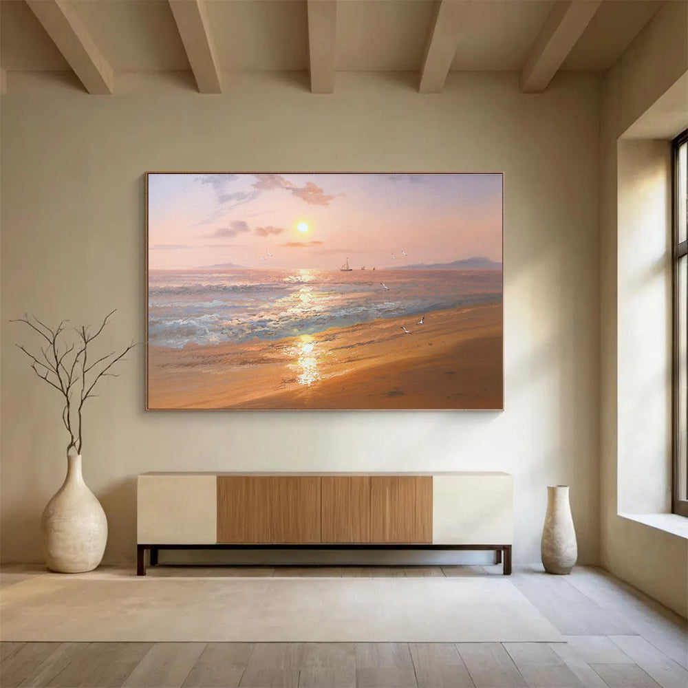 Beach Sunset with Birds and Boats Abstract Painting for Coastal Resort Lobbies YHT271