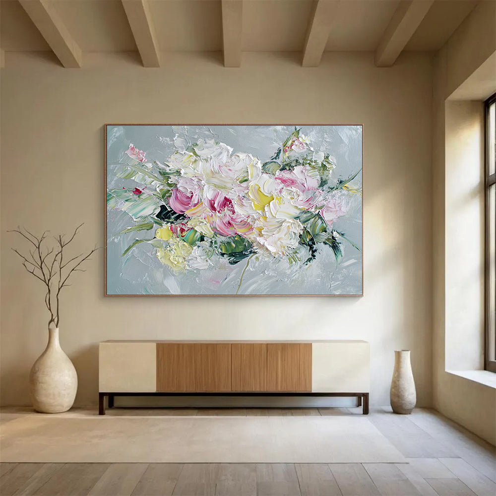 White and Pink Flower Bouquet Abstract Painting with Impasto ABS284