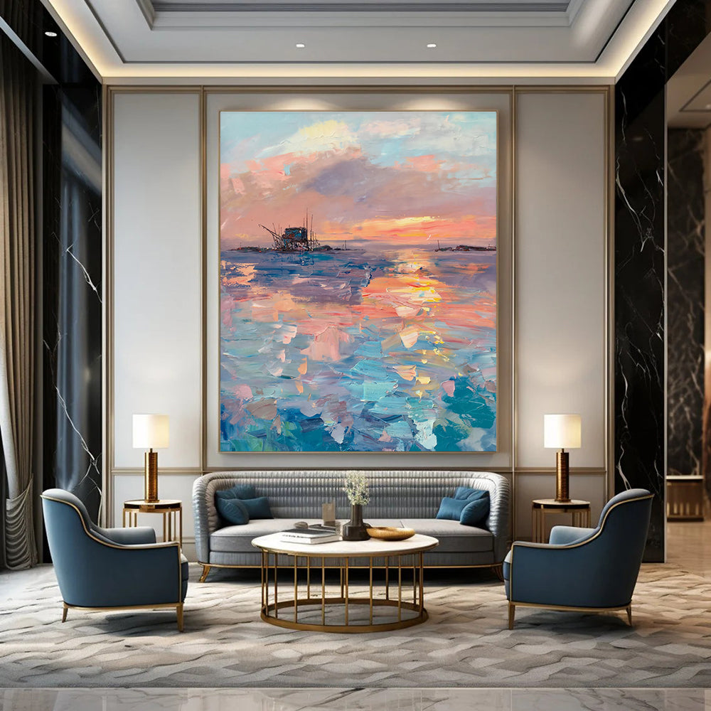 Sunset Over the Sea with Structure Abstract Painting for Nautical - Themed Restaurants HENG531