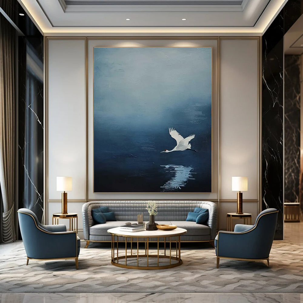 White Crane in Blue Sky Abstract Painting for Zen - Inspired Bedrooms HENG510