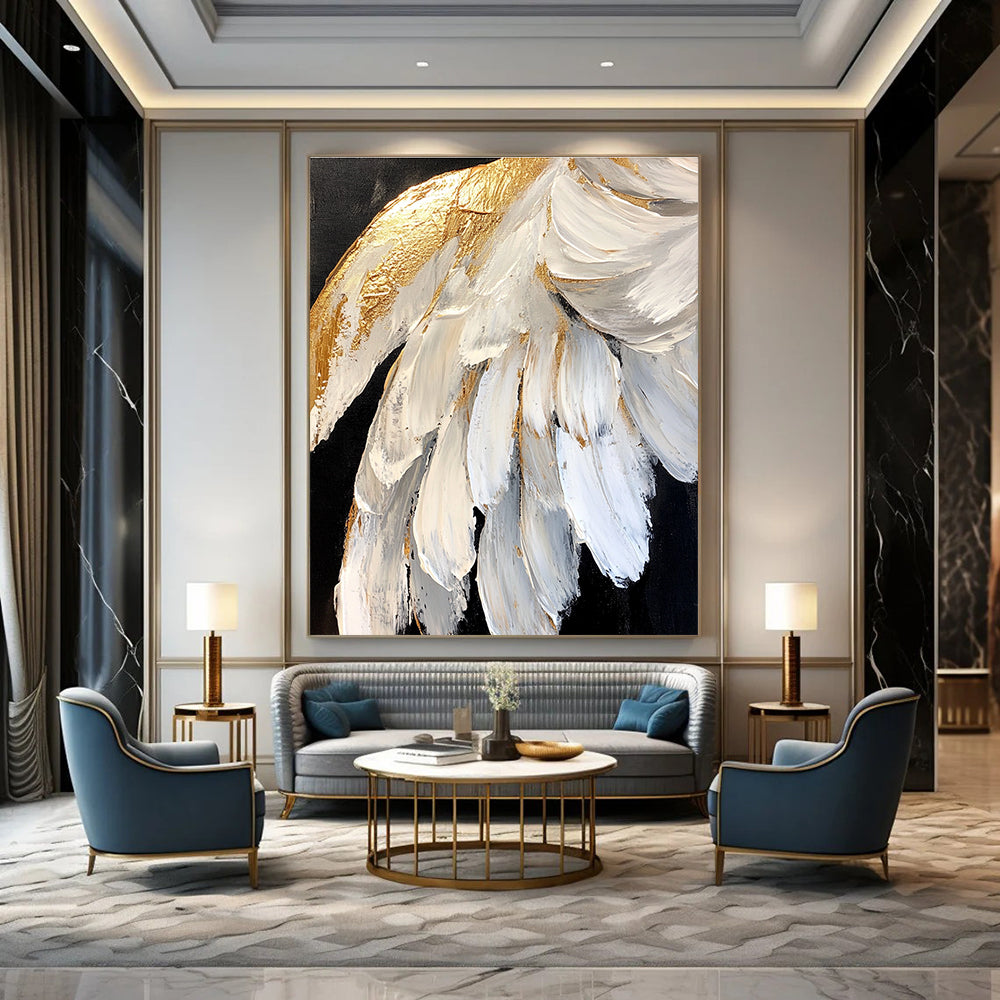 White - Gold Feather Textured Art - Luxe Minimalist Abstract Painting GAB0432