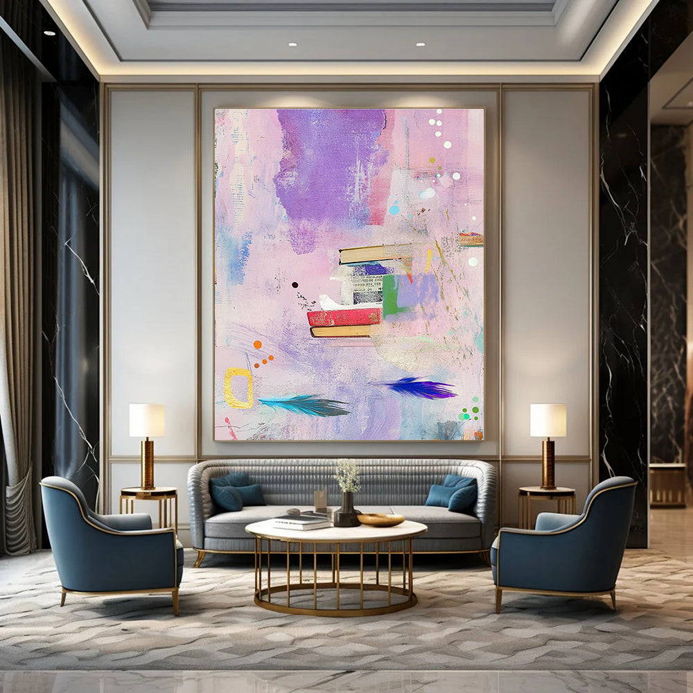 Books and Feathers Collage Abstract Painting of Intellectual Whimsy GAB0178