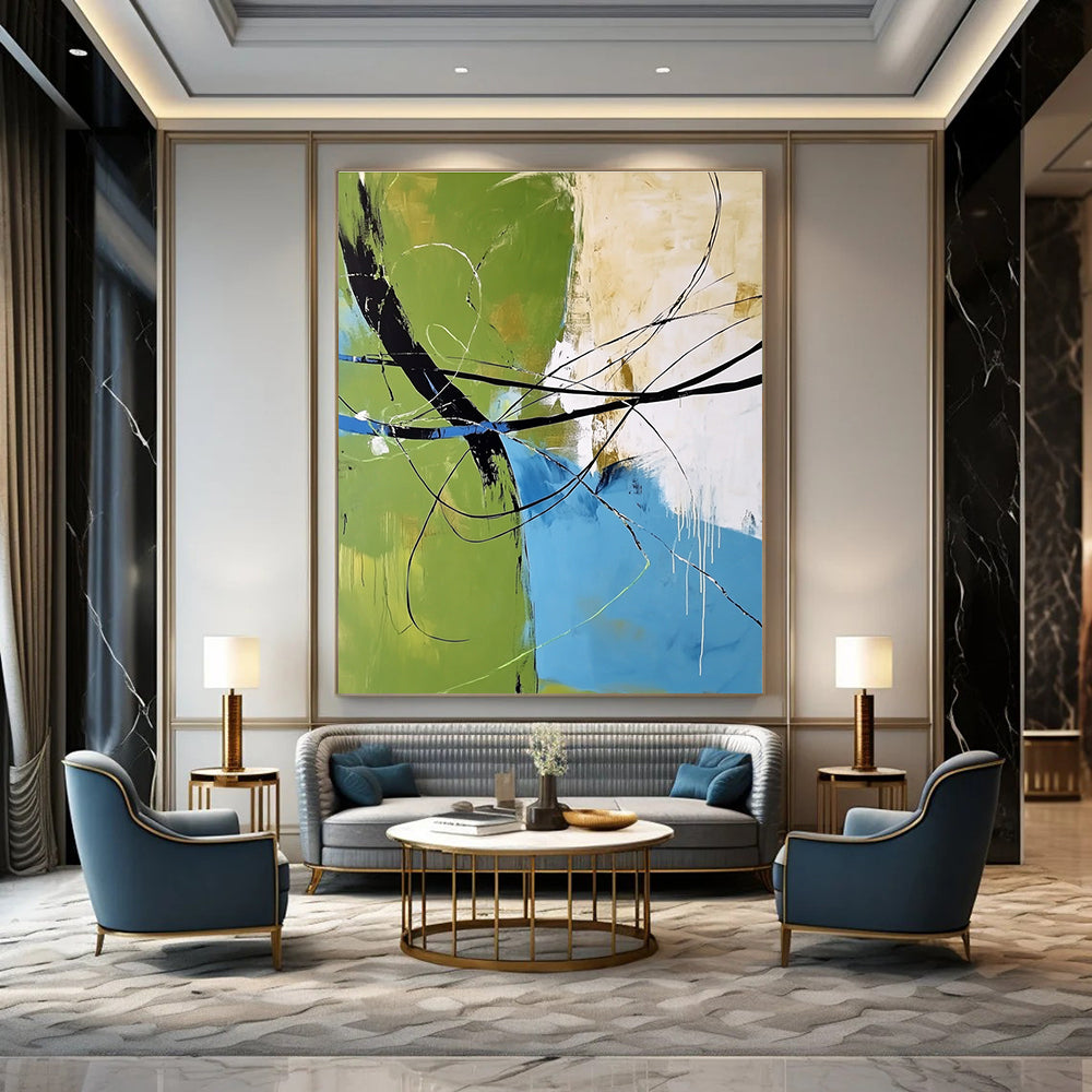 Green Blue Line Abstract Painting for Contemporary Art Galleries GAB0779