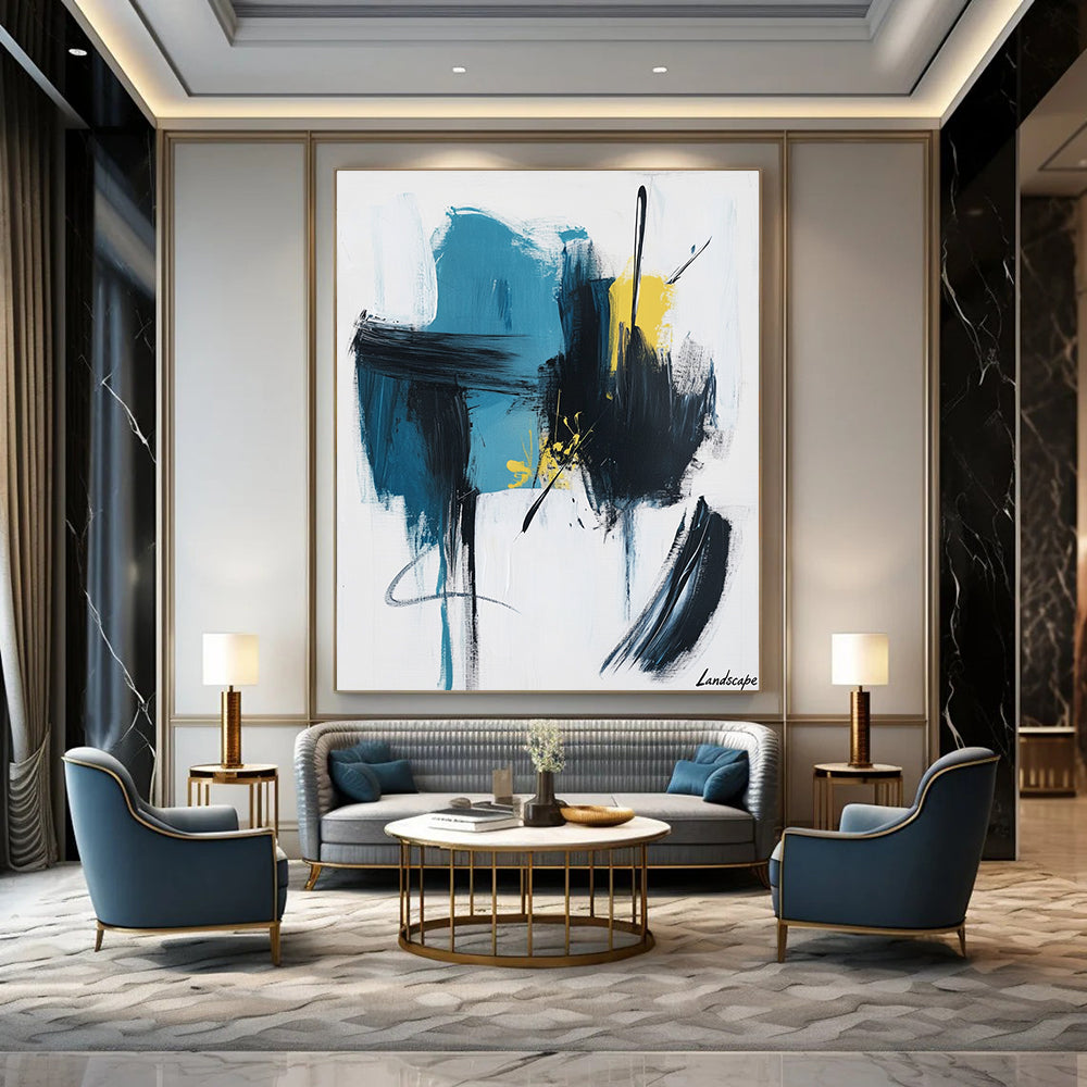 Blue, Black, and Yellow Abstract Painting for Creative Studio Lounges GAB1197