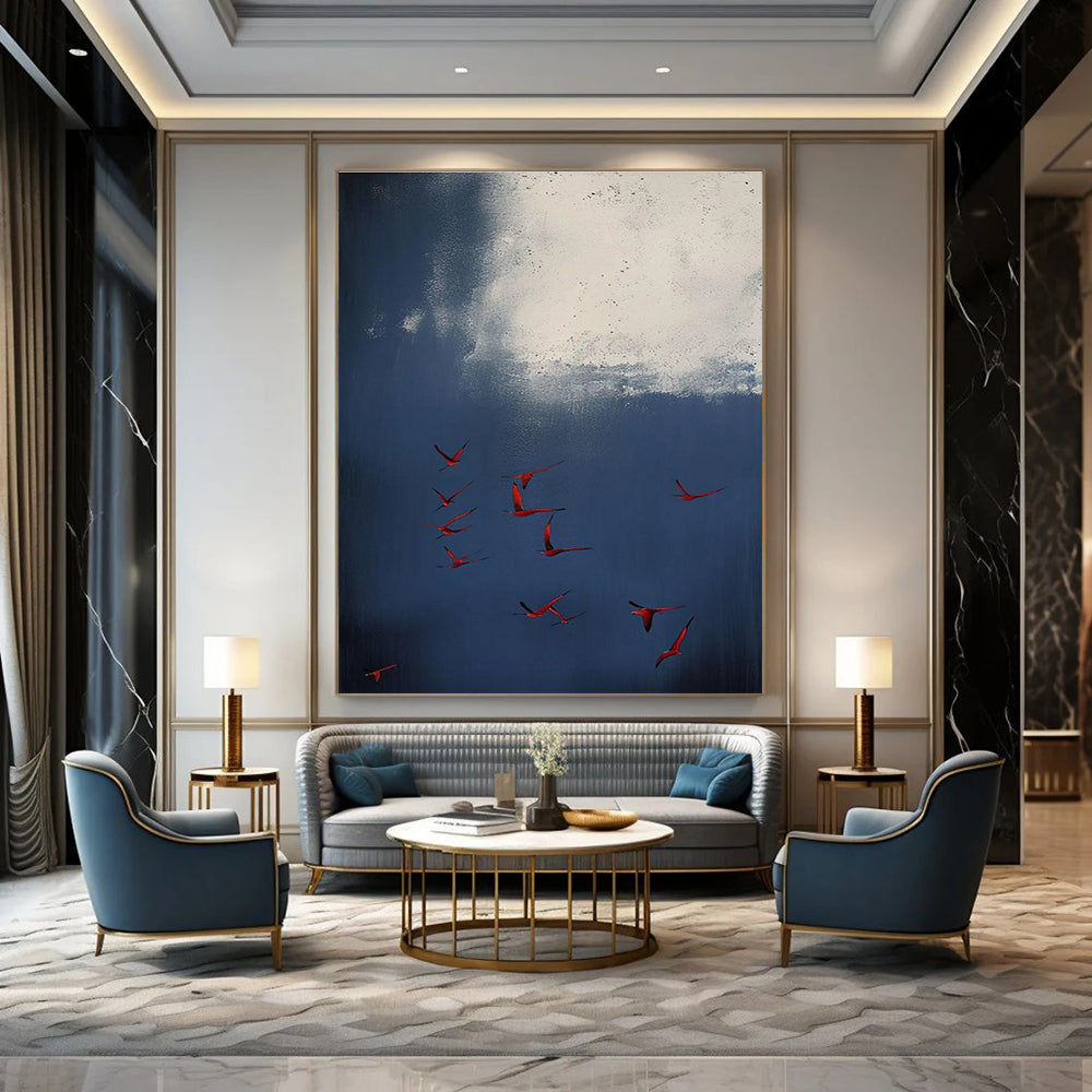 Red Birds in Blue Sky Abstract Painting for Nature - Inspired Living Rooms HENG500