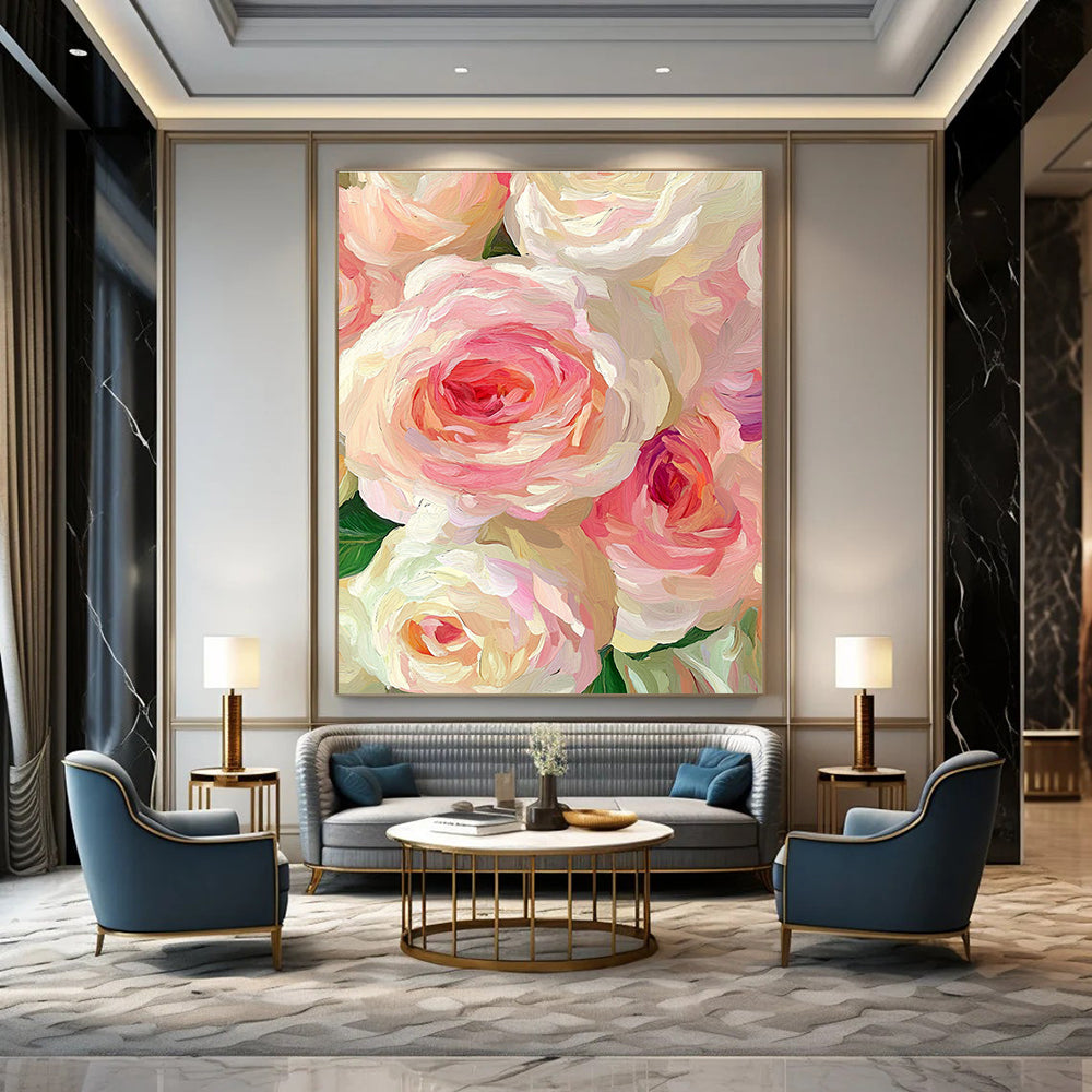 Pink and White Rose Blooms Abstract Painting with Lush Textures GAB0068