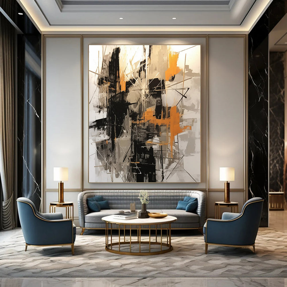 Black - Gray - Orange Abstract Painting for Industrial - Style Lofts HENG116
