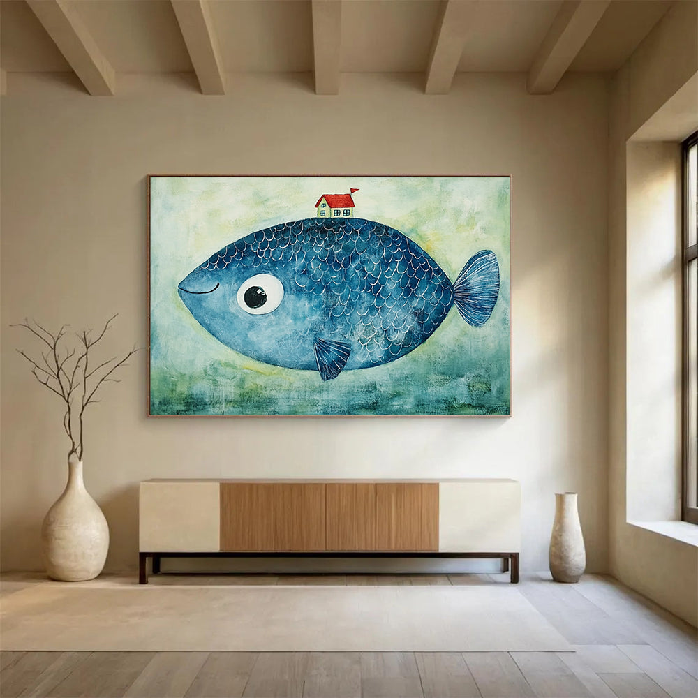 Blue Fish with a House  Whimsical Fantasy ABS069