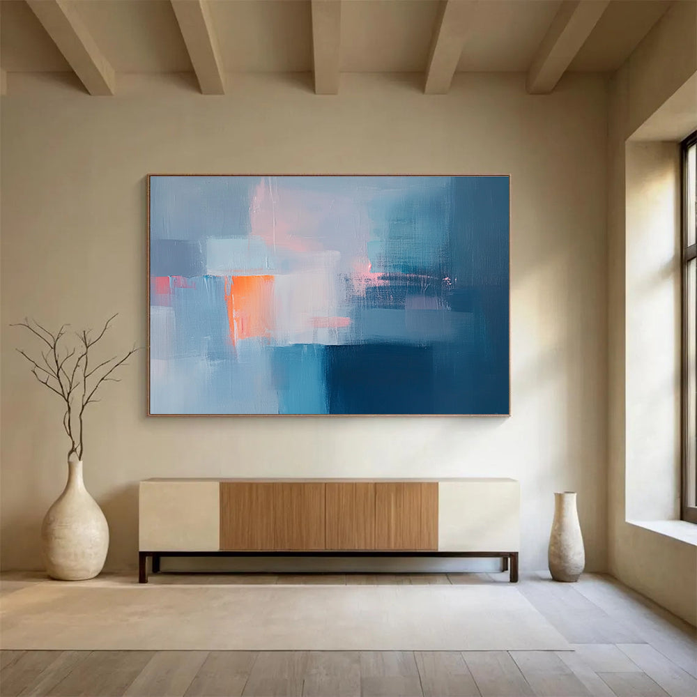 Blue and Orange Abstract Painting with Playful, Minimalist Blocks ABS477