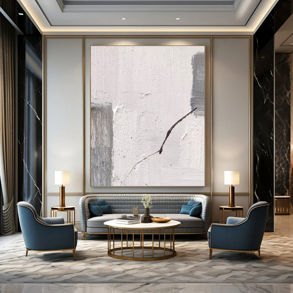 White and Gray Textured Fragment with Line Abstract Painting for Modern Art - Filled Hallways HENG363