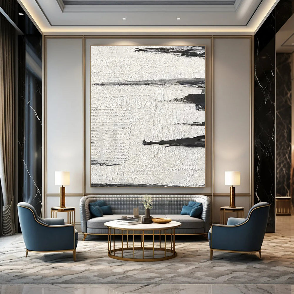 Black - White Textured Landscape Abstract Painting for Serene Home Offices HENG384
