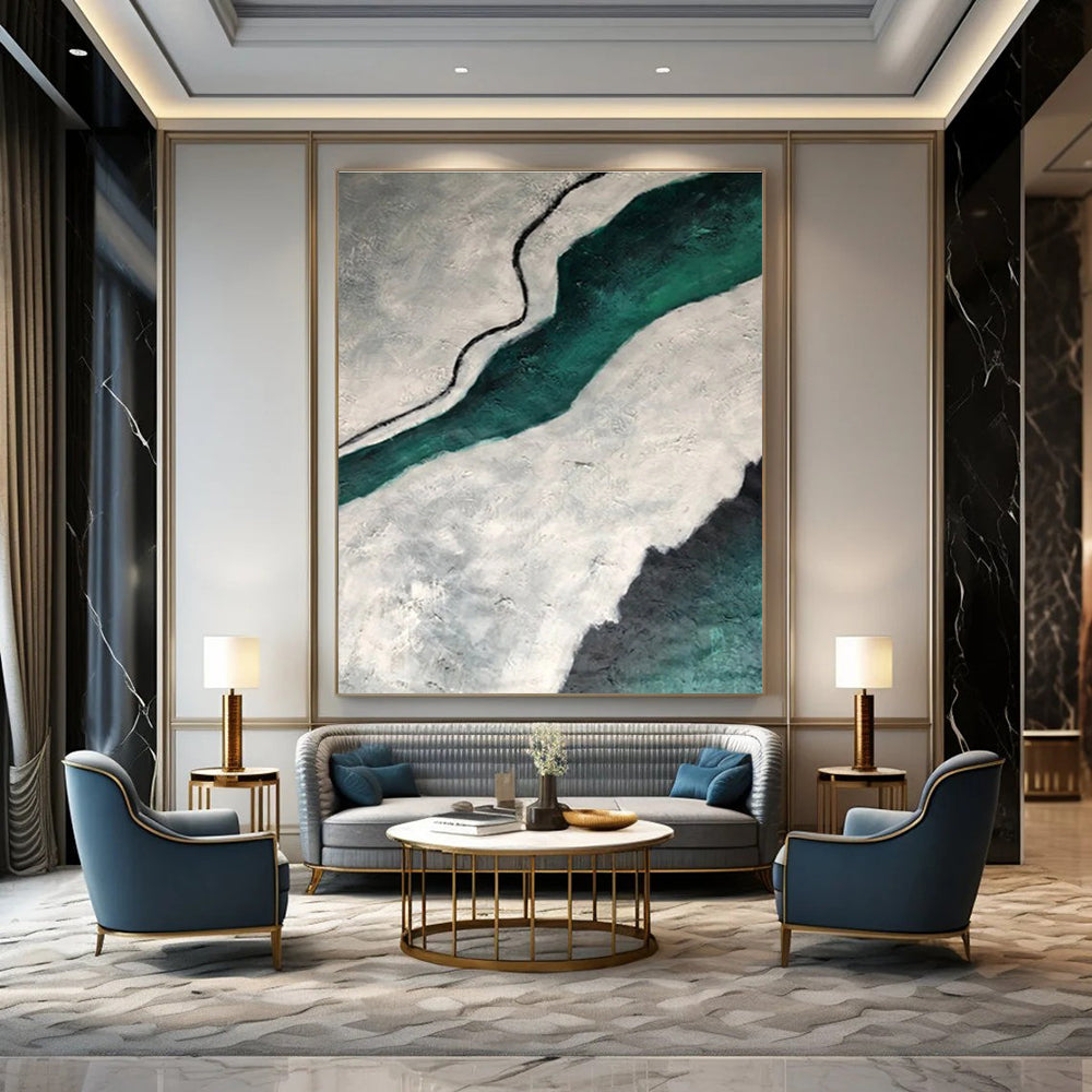 Gray - Green Textured River Abstract Painting for Nature - Inspired Studies HENG403