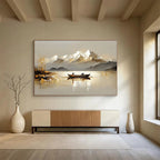 Boat on Lake with Snowy Mountains Abstract Painting with Serene Beauty ABS605