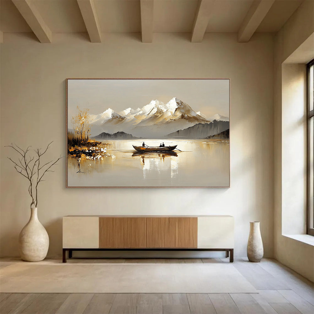 Boat on Lake with Snowy Mountains Abstract Painting with Serene Beauty ABS605