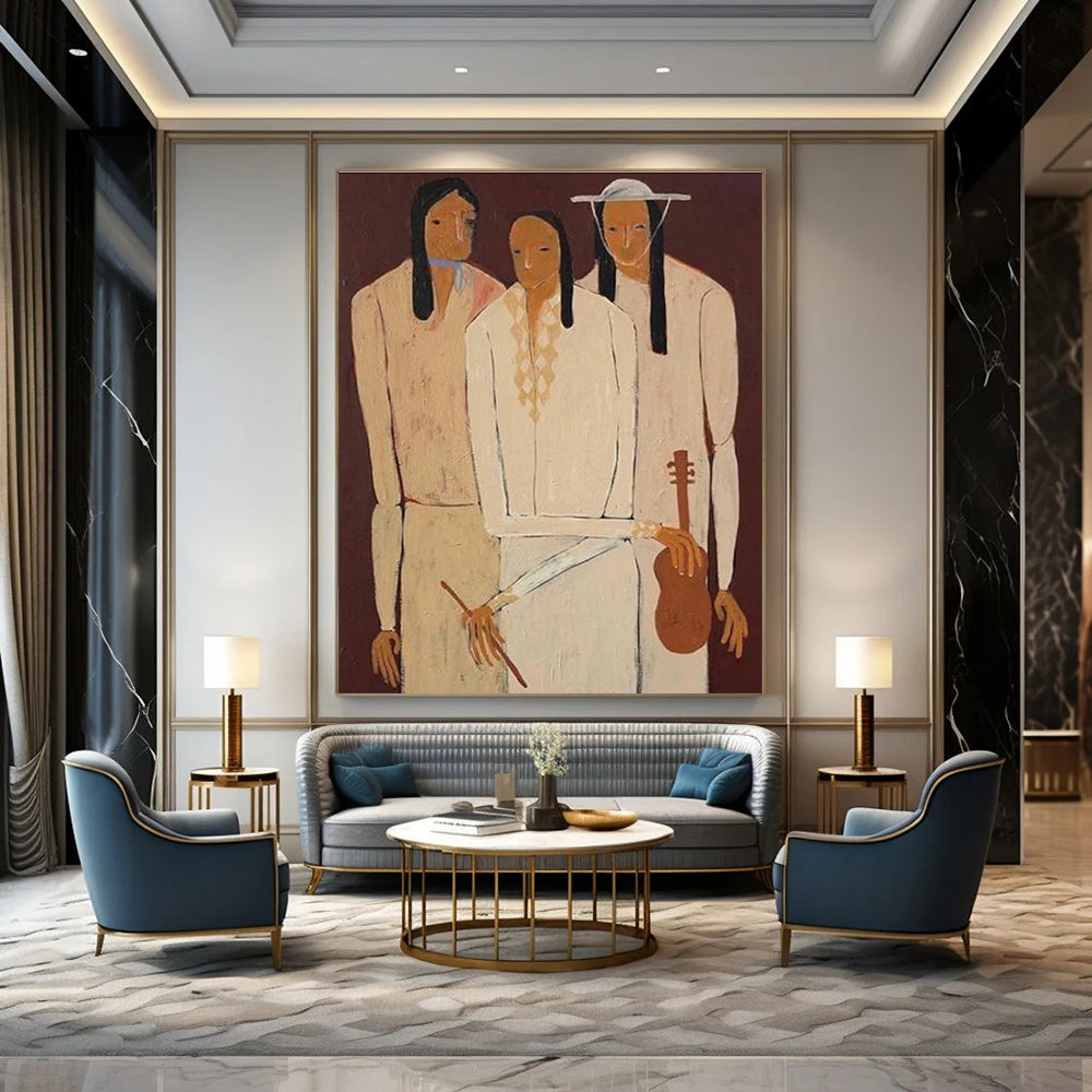 Three Figures in Traditional Attire Abstract Painting for Cultural Heritage Spaces HENG141