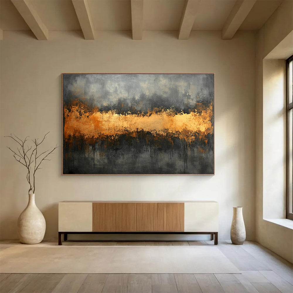 Gray and Gold Abstract Painting with Dripping Textures ABS305