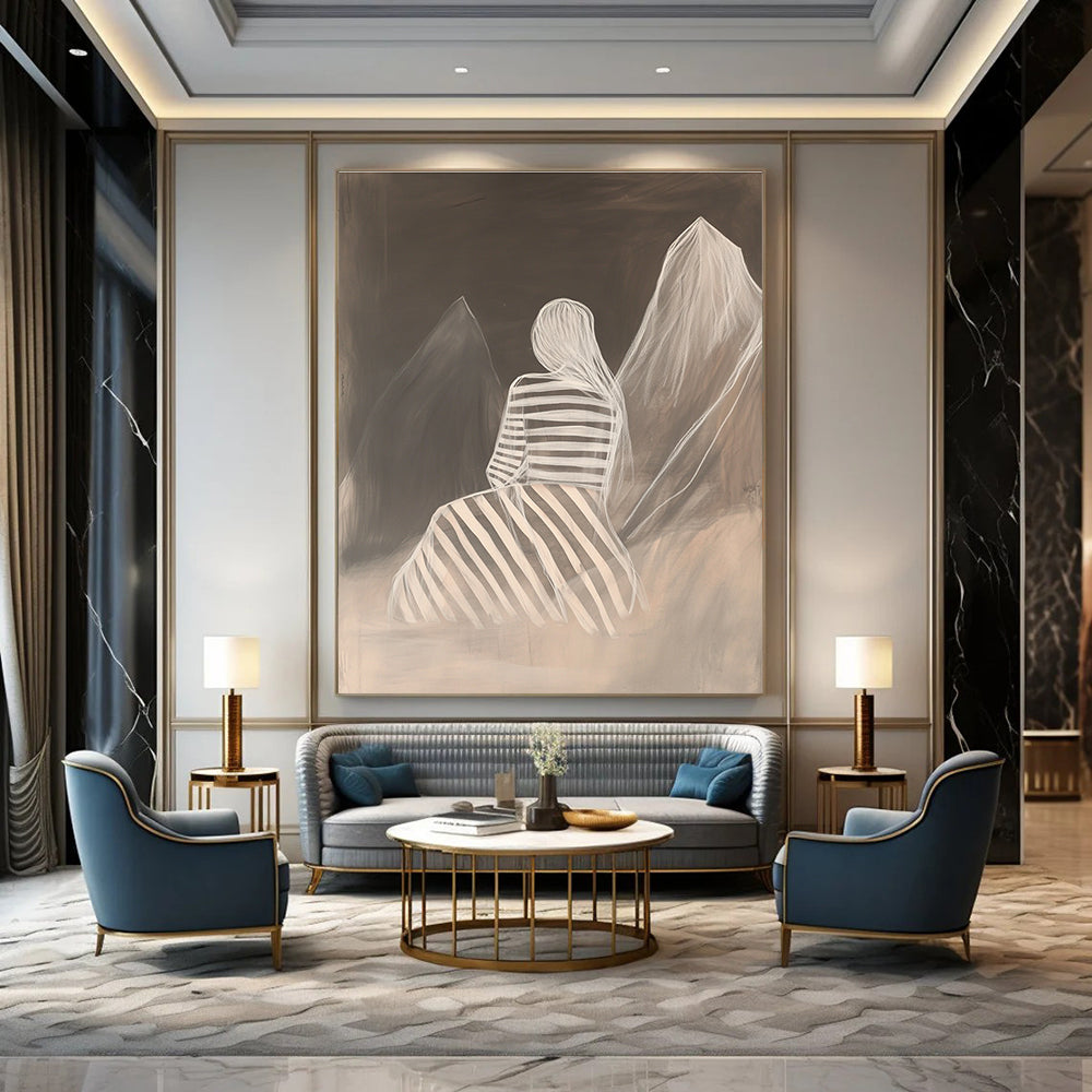 Figure Between Mountains Mysterious Abstract Painting for Thoughtful Spaces GAB1521