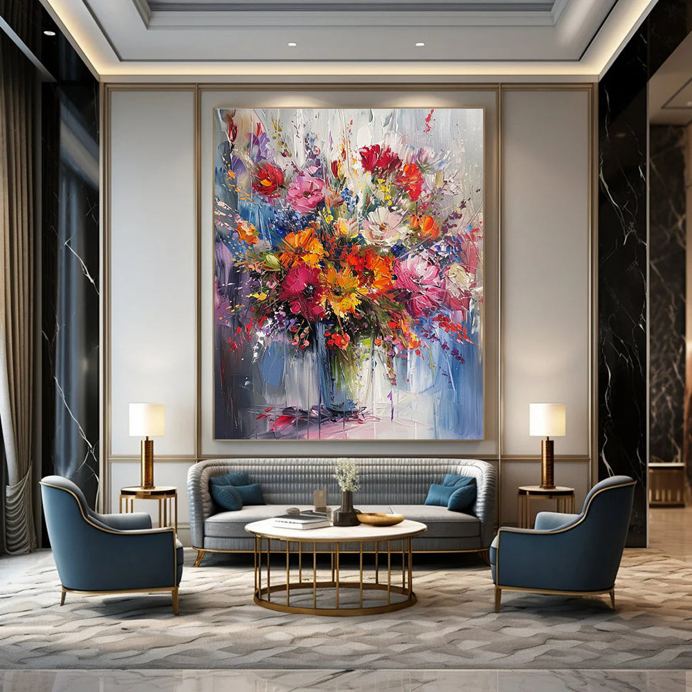 Impasto - Style Vibrant Flower Bouquet Abstract Painting for Lively Spaces HENG260