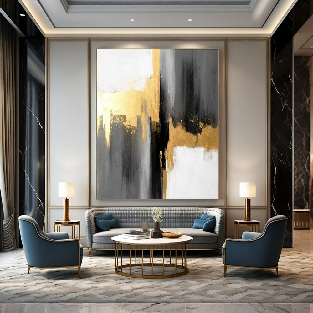 Gray - Gold Abstract Contrast Painting for Sophisticated Corporate Lobbies HENG076