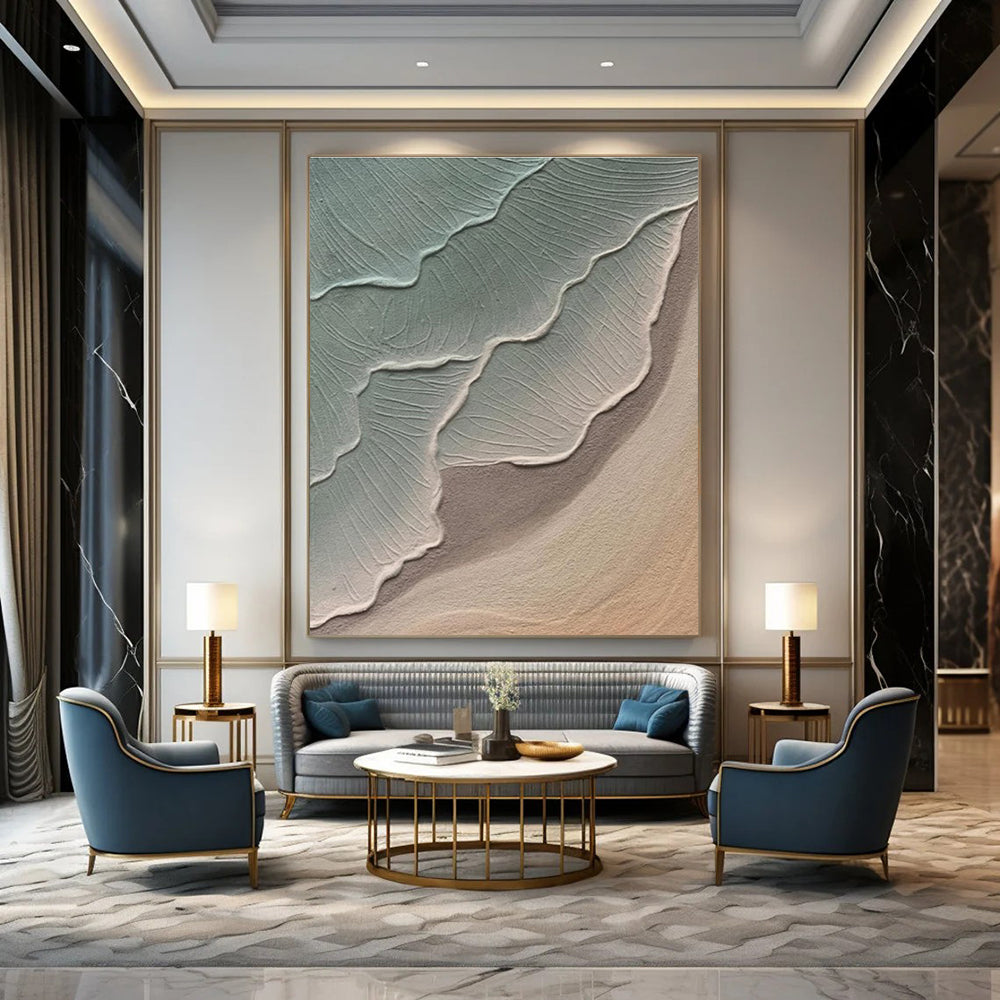 Textured Green and Beige Leaf - Like Abstract Painting for Contemporary Home Offices HENG519