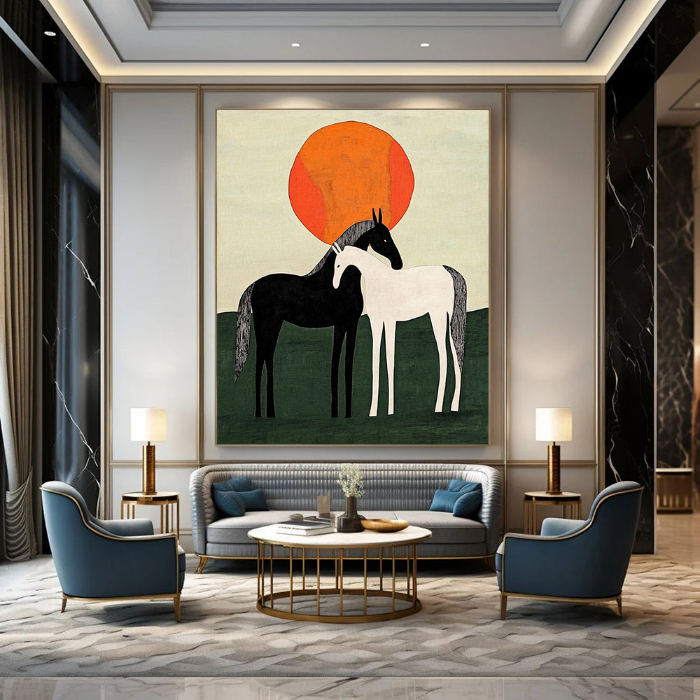 Two Horses Under Orange Sun Abstract Painting for Rustic Home Decor GAB1371