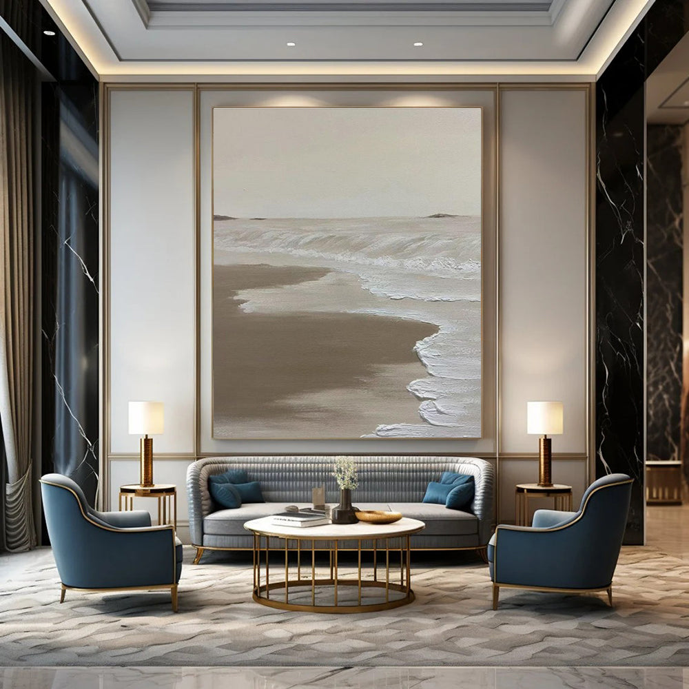 Beige Coastal Abstract Painting for Beach House Living Rooms HENG521