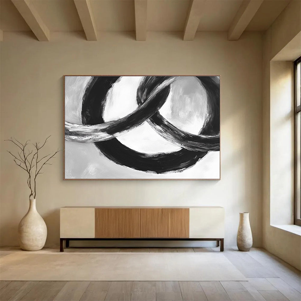 Intertwined Black Rings: Dynamic Movement in Monochrome Abstract Painting ABS175