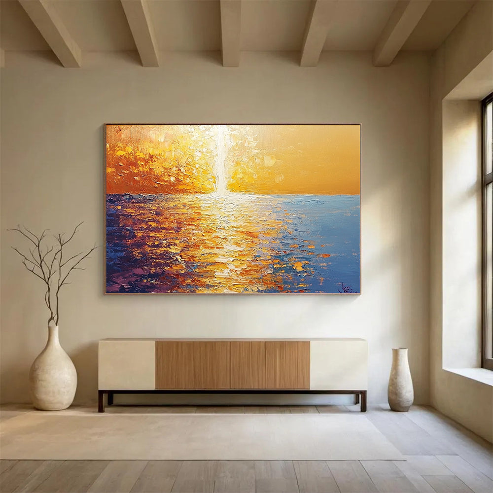 Golden Sunset Sea Abstract Painting with Rich Textures ABS264