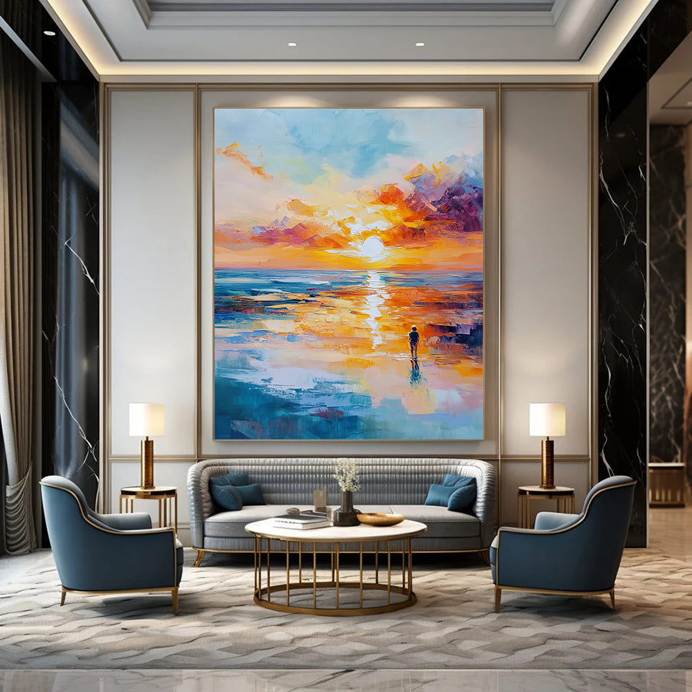 Solitary Figure Sunset Abstract Painting with Emotional Depth GAB0011