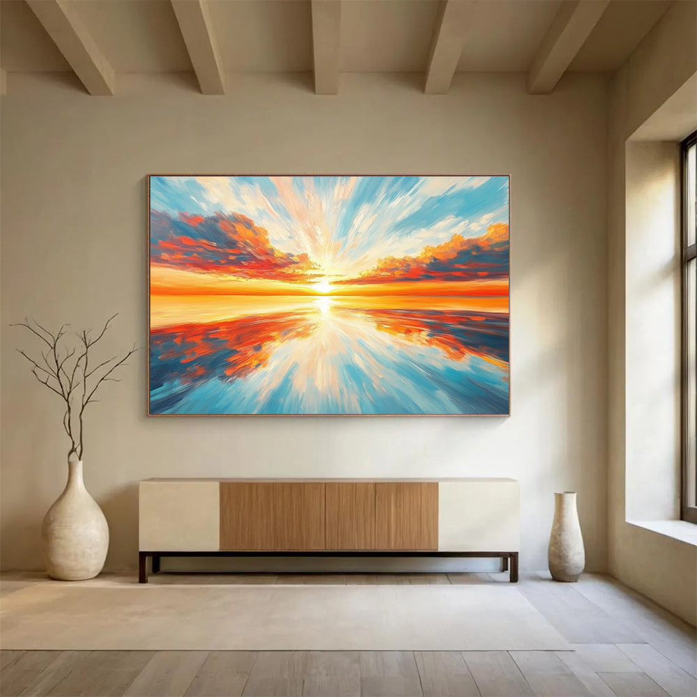 Radiant Sunset Over Ocean Painting with Vivid Colorful Reflections ABS562
