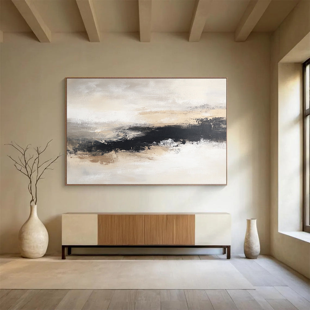 Beige and Black Abstract Landscape Painting with Moody Atmosphere ABS405